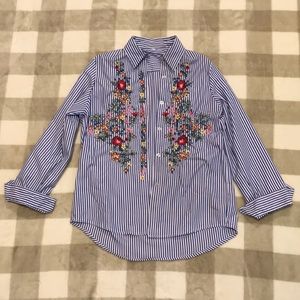 Striped Button-Down Embroidered Blouse